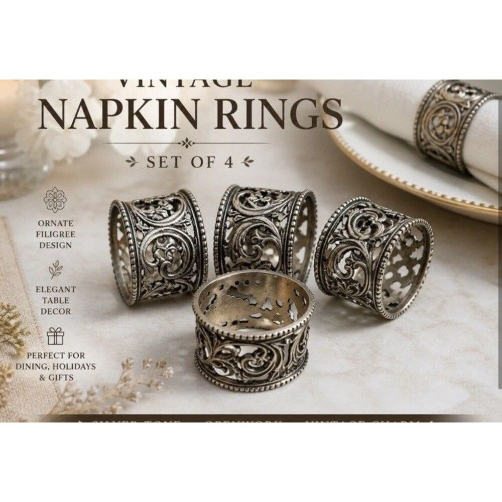 Silver Engraved Floral Metal Napkin Rings